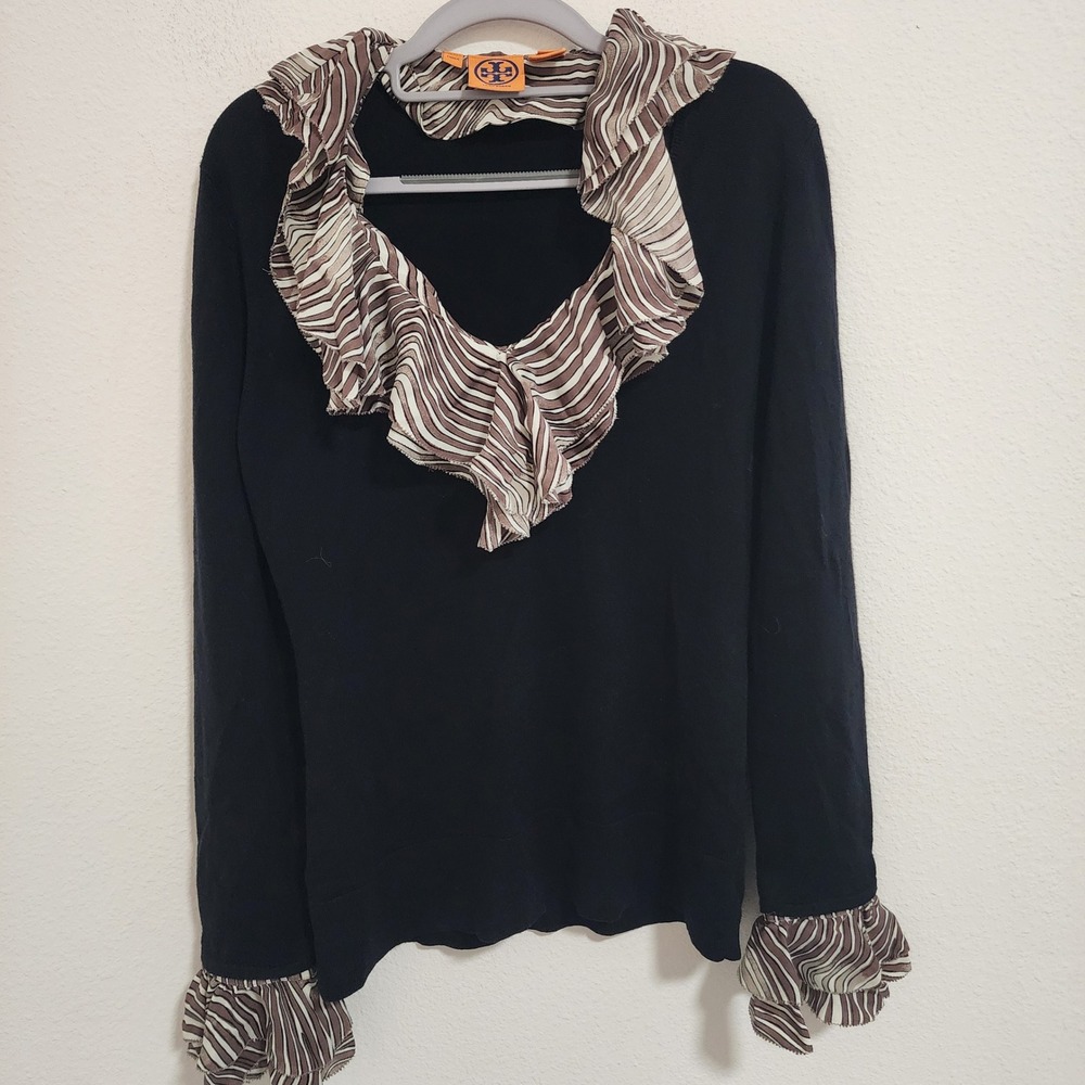 Tory Burch Black Merino Wool Silk Ruffle Neck Long Sleeve Sweater Size‎ M
